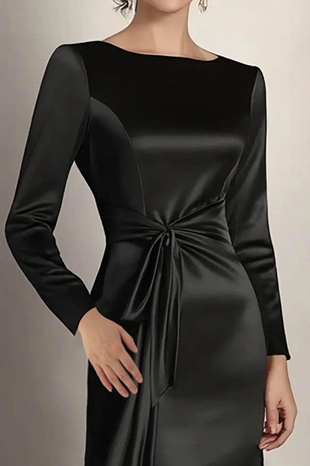 Timeless Black Satin Mermaid Boat Neck Long Sleeve Tie Waist Maxi Mother of the Bride Dresses