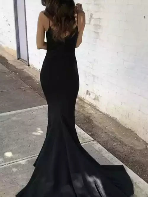 Sleek Black Satin Mermaid Gown with V-Neck & Spaghetti Straps