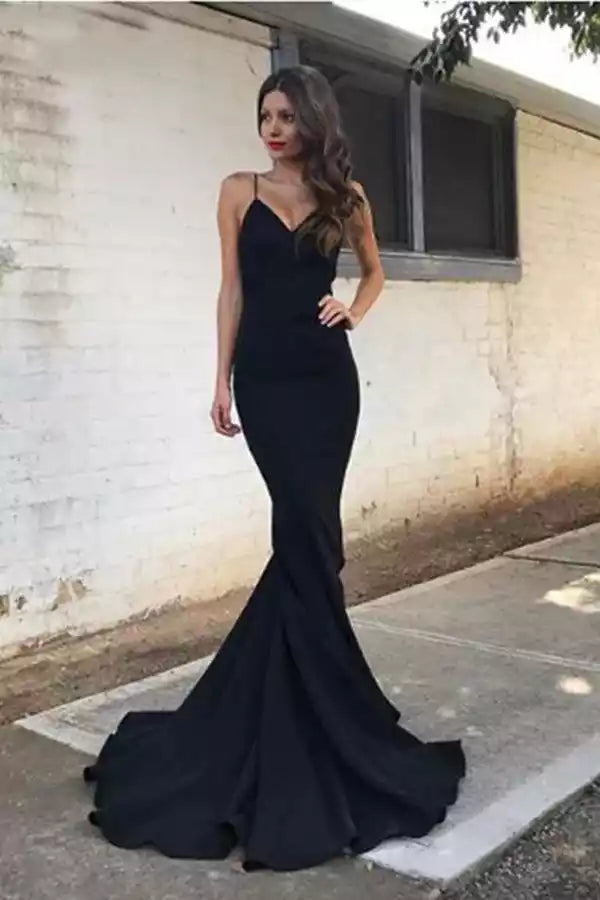 Sleek Black Satin Mermaid Gown with V-Neck & Spaghetti Straps