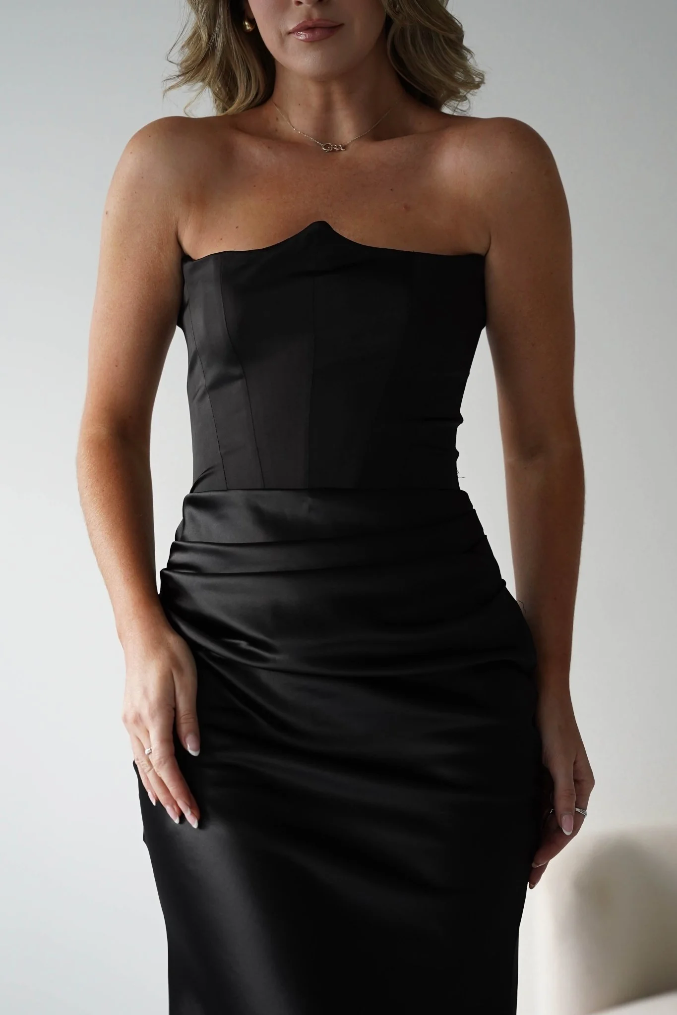 Timeless Black Satin Strapless Scalloped Neck Ruched Lace-Up Back Mermaid Evening Dresses