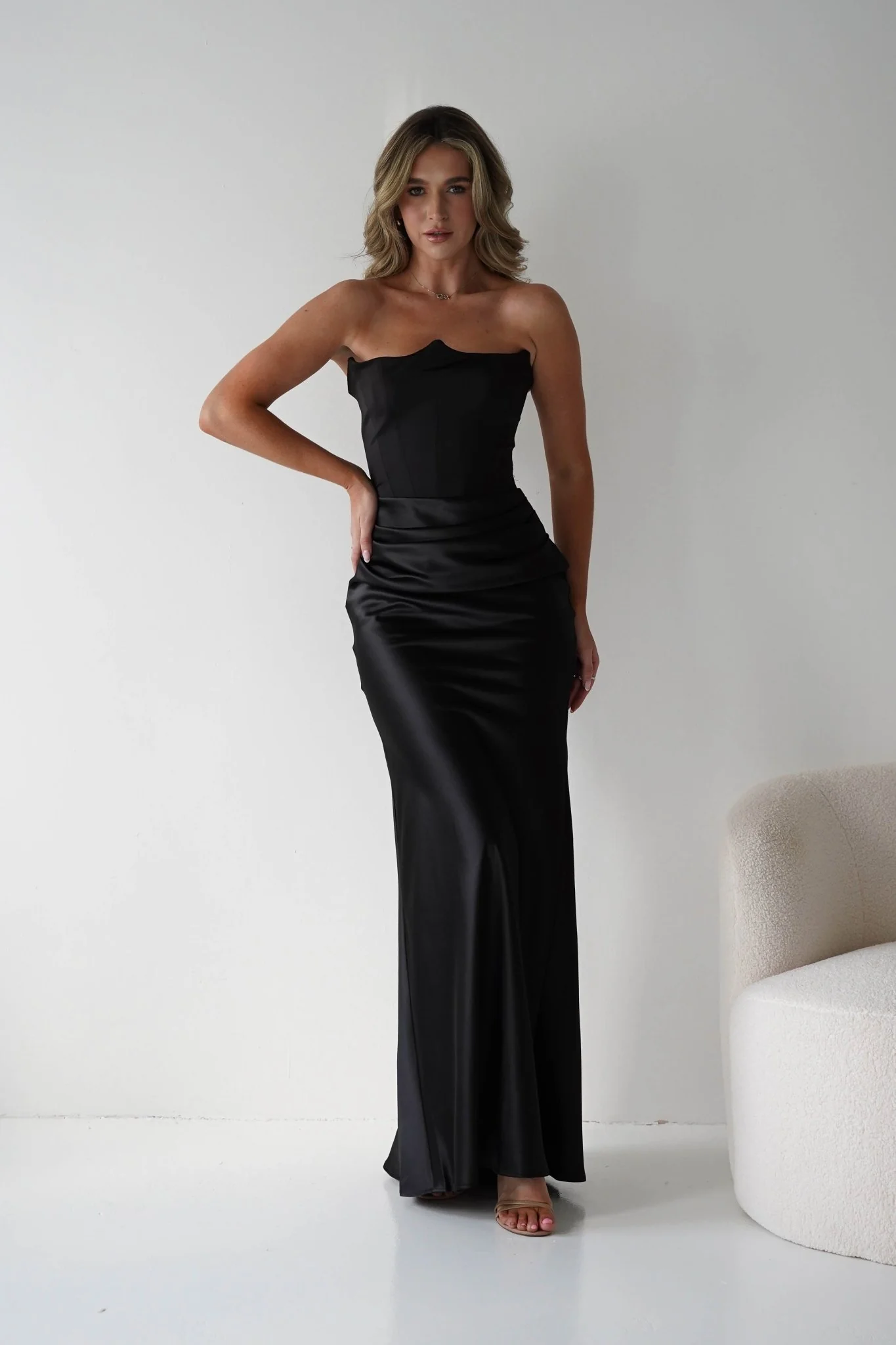 Timeless Black Satin Strapless Scalloped Neck Ruched Lace-Up Back Mermaid Evening Dresses