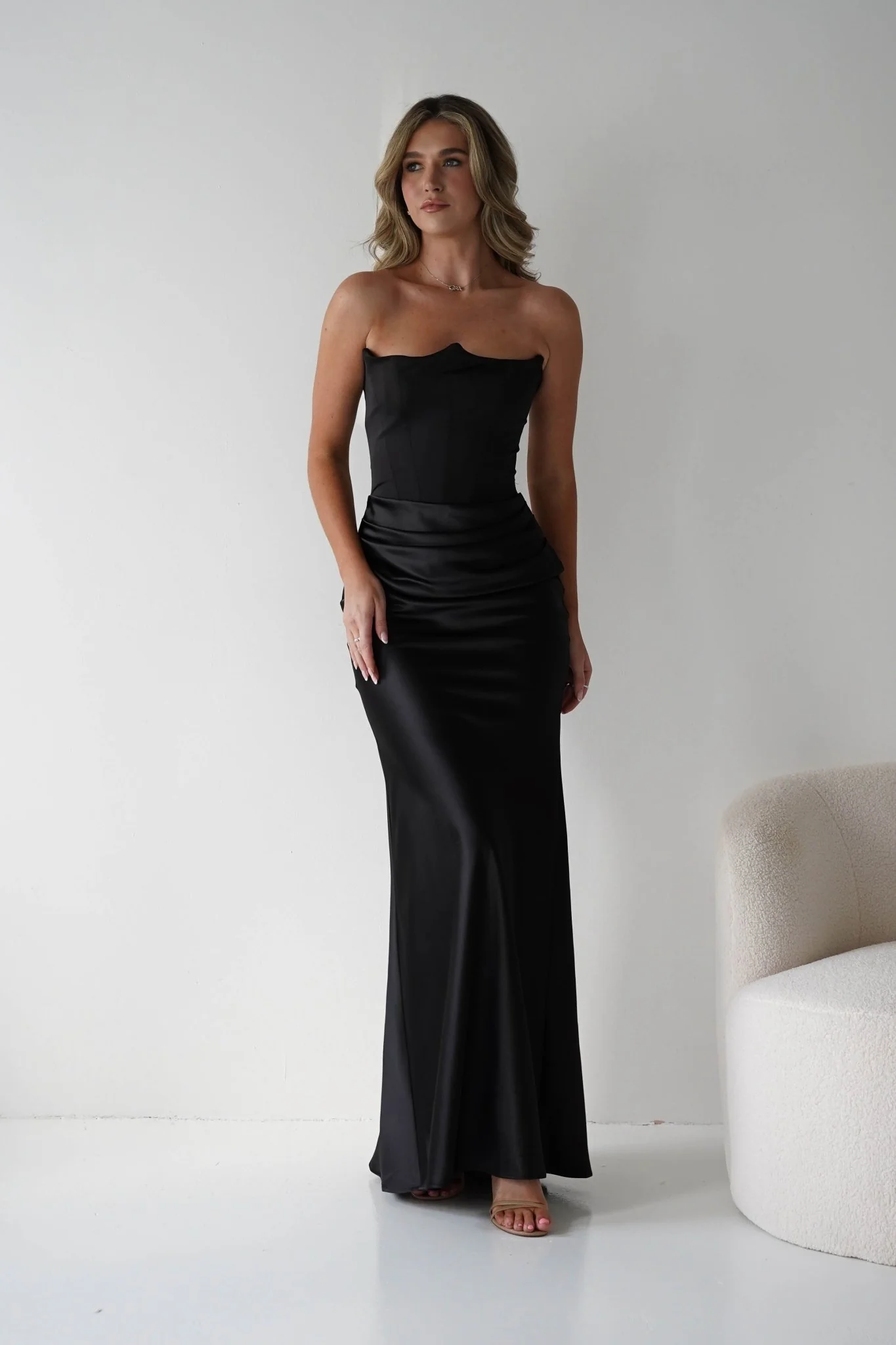 Timeless Black Satin Strapless Scalloped Neck Ruched Lace-Up Back Mermaid Evening Dresses
