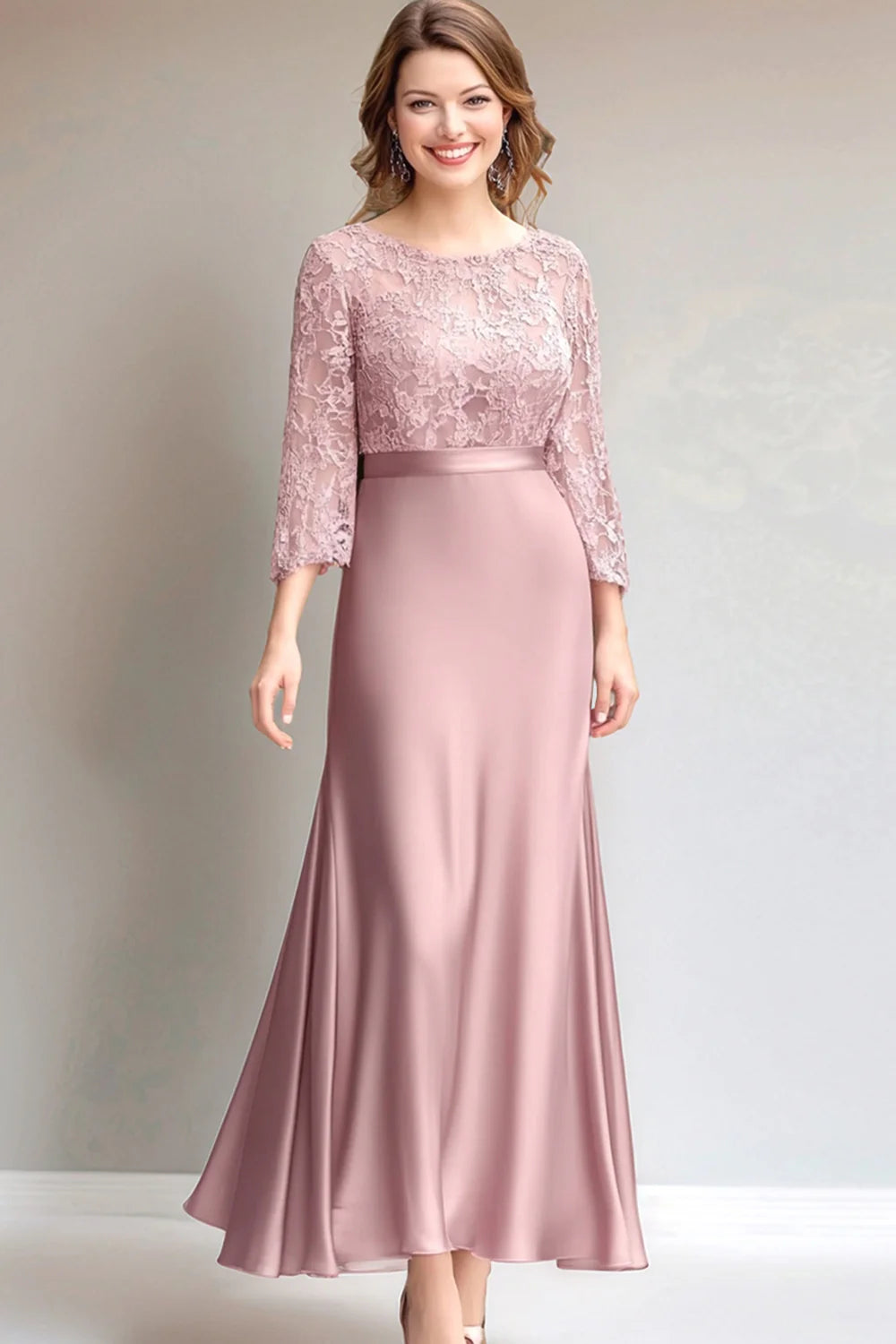 Timeless Blush Satin Mermaid Boat Neck 3/4 Sleeve Lace Bodice Mother of the Bride Dresses
