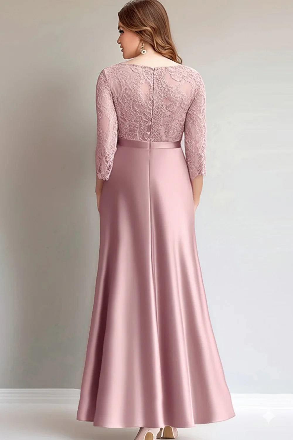Timeless Blush Satin Mermaid Boat Neck 3/4 Sleeve Lace Bodice Mother of the Bride Dresses