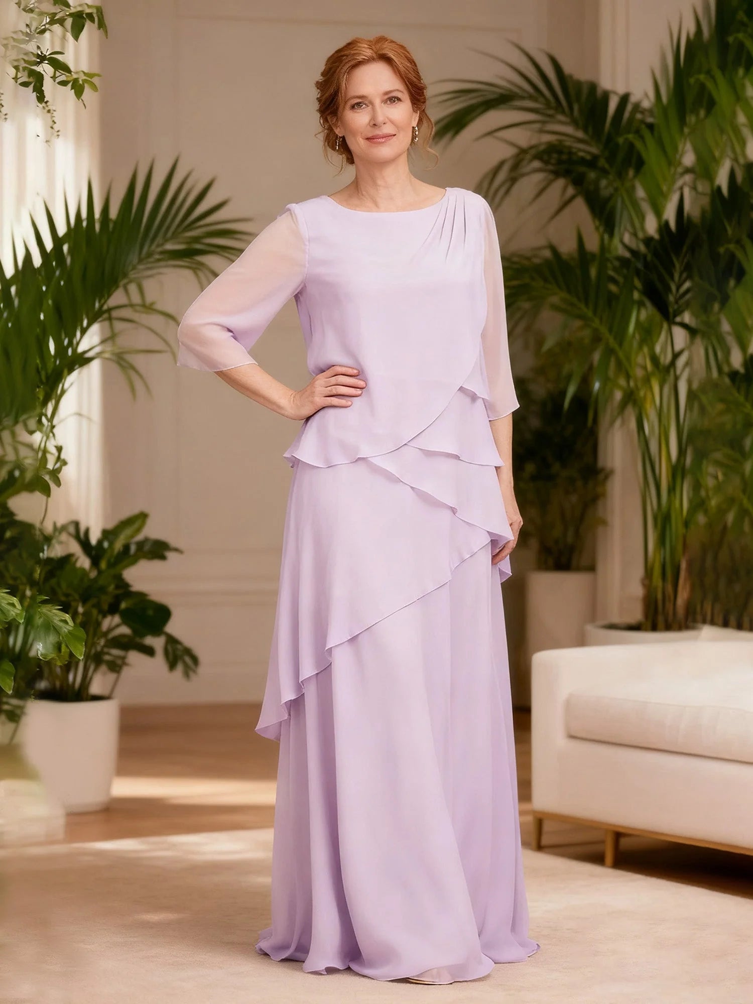 Timeless Chiffon A-Line Boat Neck 3/4 Sheer Sleeves Tiered Ruffle Zipper Back Floor-Length Maxi Formal Mother of the Bride Dresses