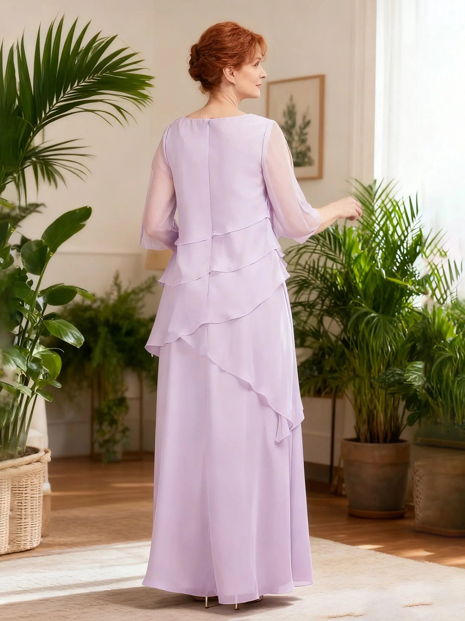 Timeless Chiffon A-Line Boat Neck 3/4 Sheer Sleeves Tiered Ruffle Zipper Back Floor-Length Maxi Formal Mother of the Bride Dresses