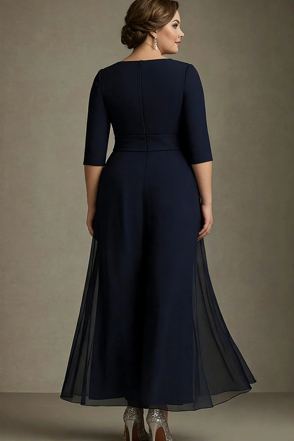 Timeless Navy Crepe A-Line V-Neck 3/4 Sleeve Lace Applique Mother of the Bride Dresses