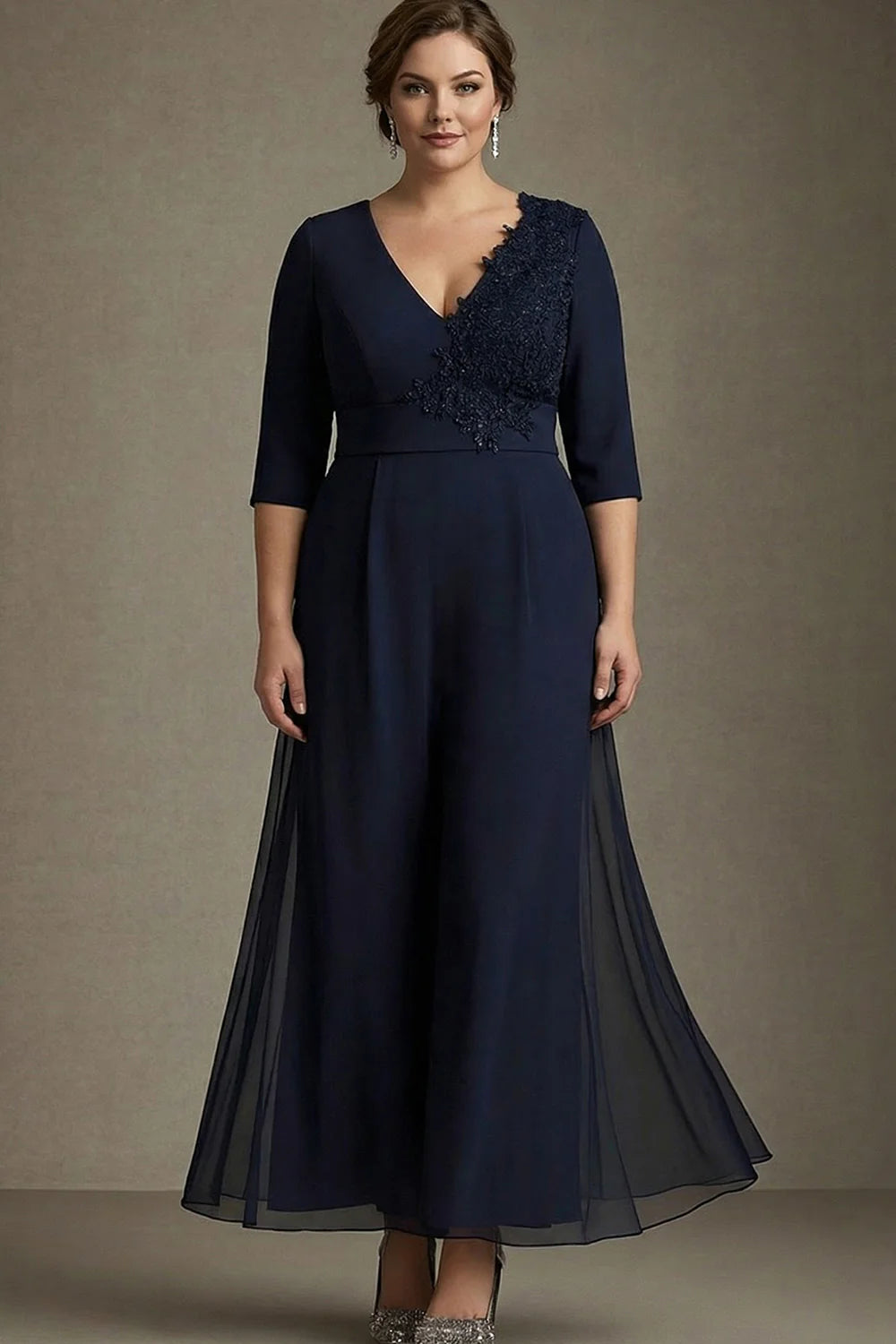 Timeless Navy Crepe A-Line V-Neck 3/4 Sleeve Lace Applique Mother of the Bride Dresses