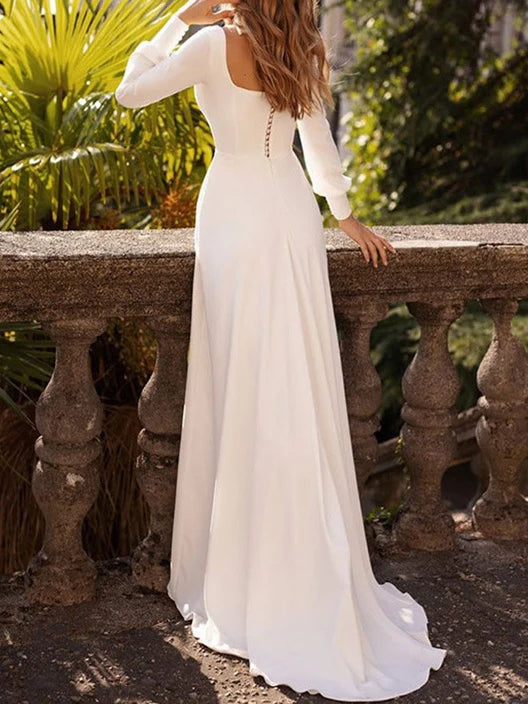 Timeless Square Neck Long Sleeve Satin A-Line Wedding Dress with Low Back & Button Detail