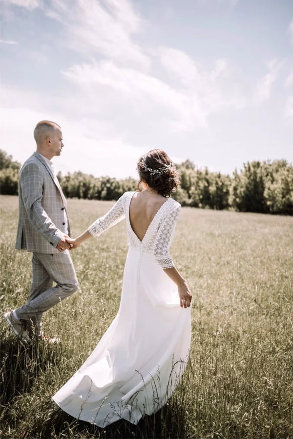 Top Lace Short Sleeve Boat Neck Rustic Wedding Dress Bridal Gown