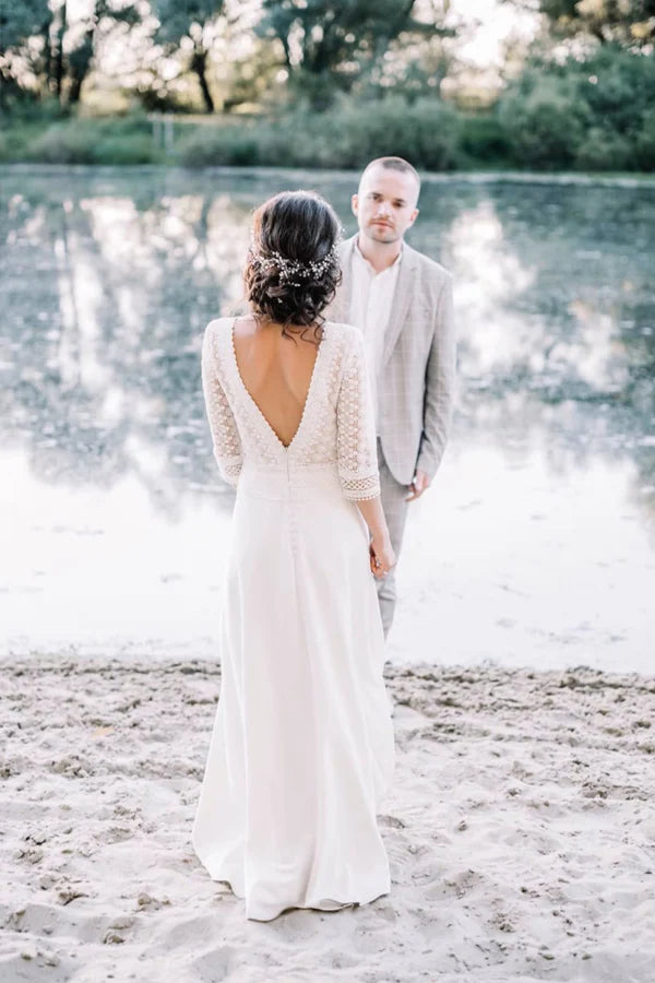 Top Lace Short Sleeve Boat Neck Rustic Wedding Dress Bridal Gown