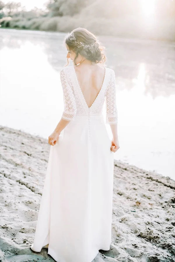 Top Lace Short Sleeve Boat Neck Rustic Wedding Dress Bridal Gown