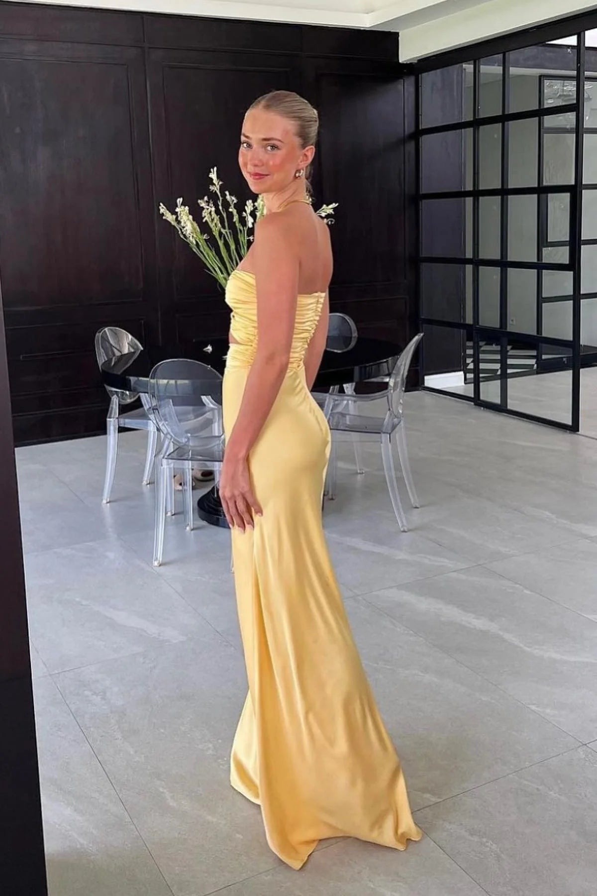 Trendy Sheath Strapless Yellow Long Party Dress with Keyhole