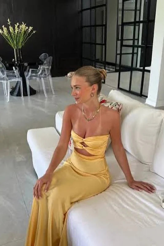 Trendy Sheath Strapless Yellow Long Party Dress with Keyhole