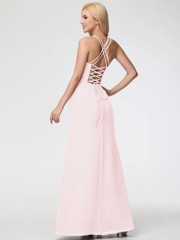 Spaghetti Straps Sheath/Column Long Chiffon Party Dresses