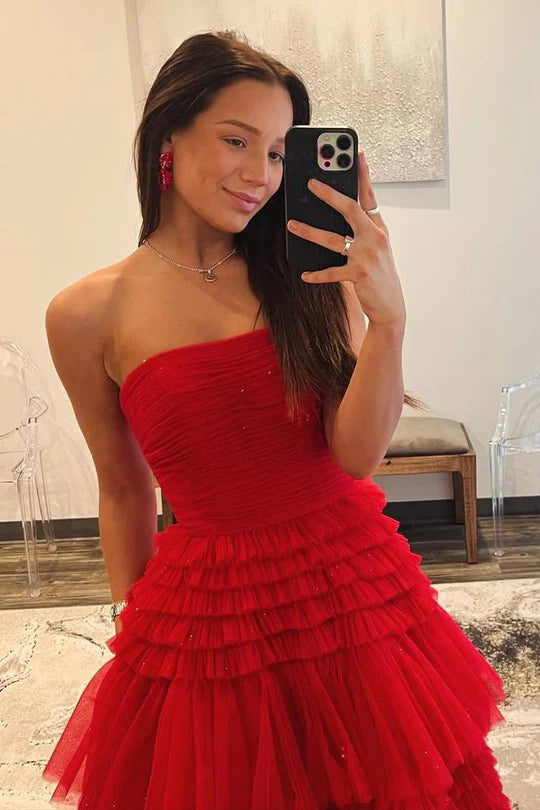 Tulle A-Line Strapless Tiered Prom Gown With Slit