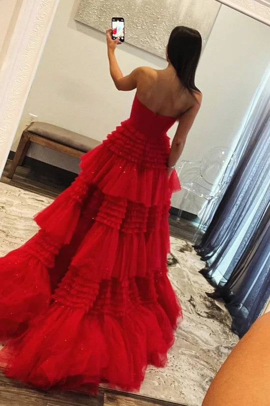 Tulle A-Line Strapless Tiered Prom Gown With Slit
