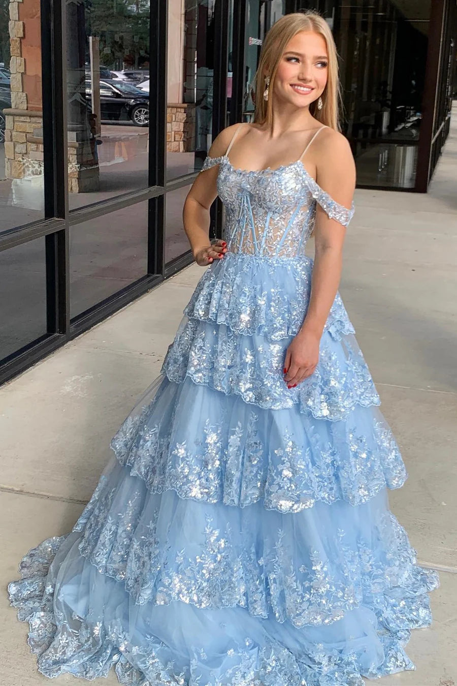 Tulle Sequin Cold-Shoulder Ruffle Tiered Long Prom Dress