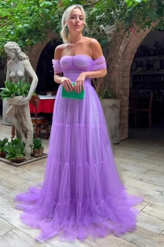 Tulle A-Line Off-Shoulder Empire Party Prom Dress