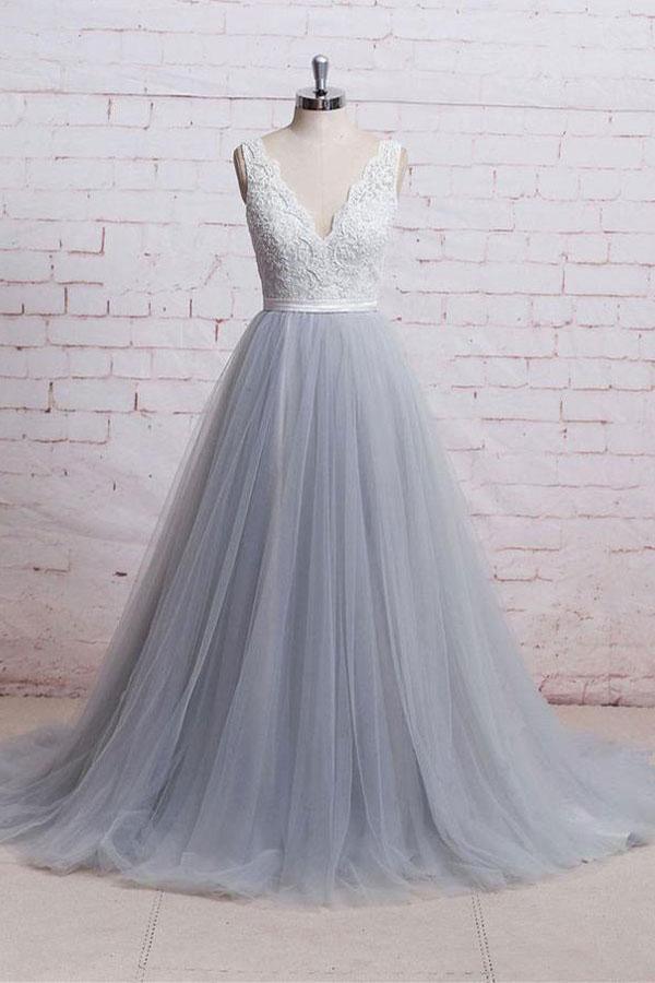 Two-Tone Lace V-Neck Sleeveless Satin-Waist Tulle A-Line Prom Dress