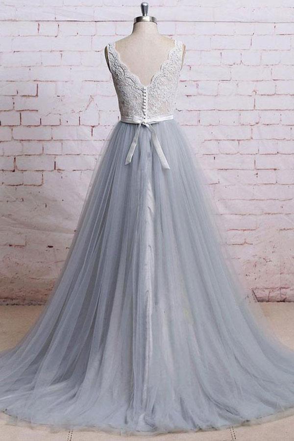 Two-Tone Lace V-Neck Sleeveless Satin-Waist Tulle A-Line Prom Dress