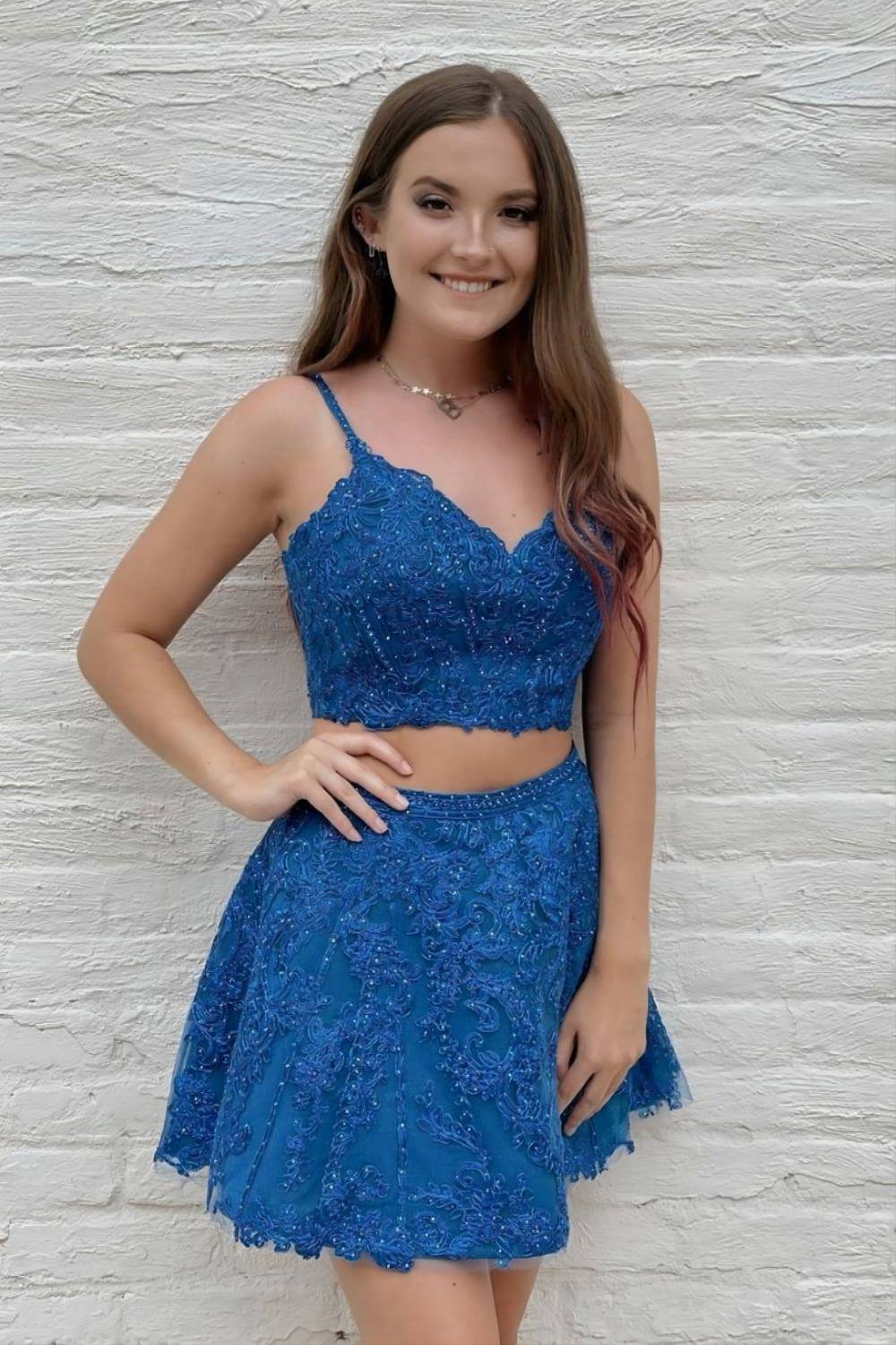 Two-piece Royal Blue Short Retract Your Waist Homecoming Dress