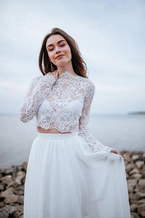 Two Piece Simple White Chiffon Beach Wedding Dress Bridal Gown