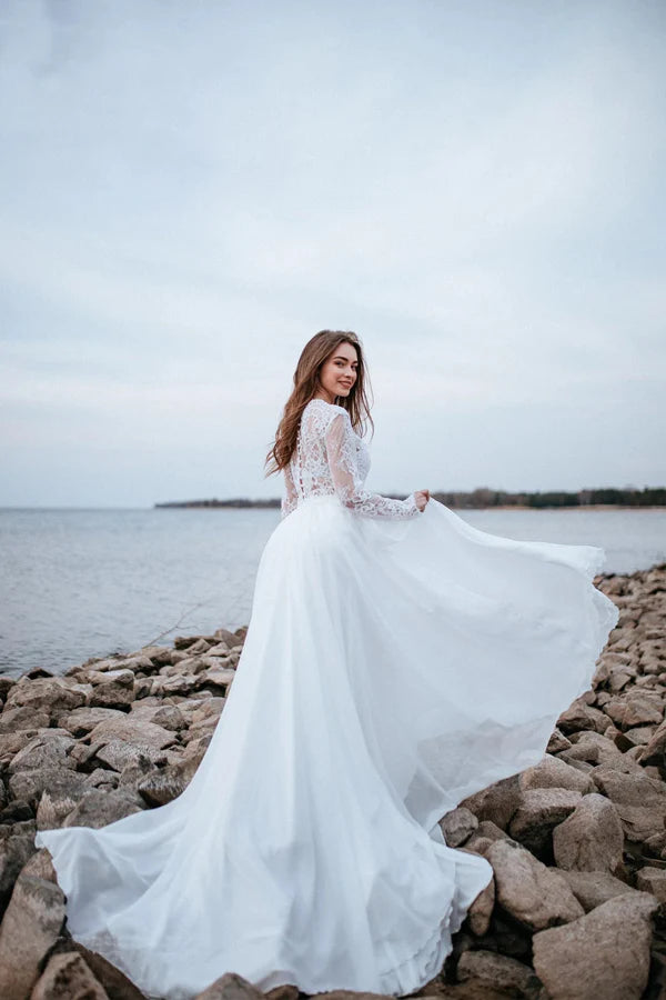 Two Piece Simple White Chiffon Beach Wedding Dress Bridal Gown