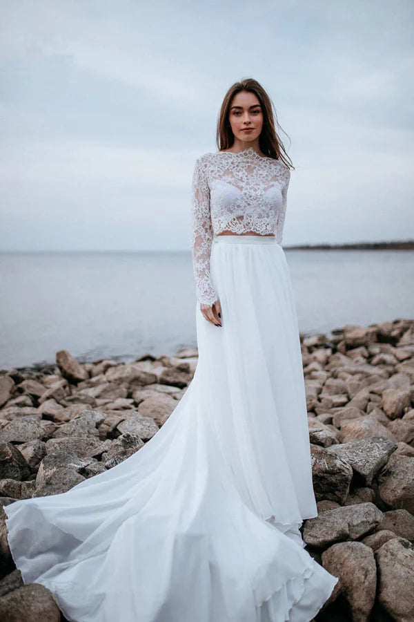 Two Piece Simple White Chiffon Beach Wedding Dress Bridal Gown