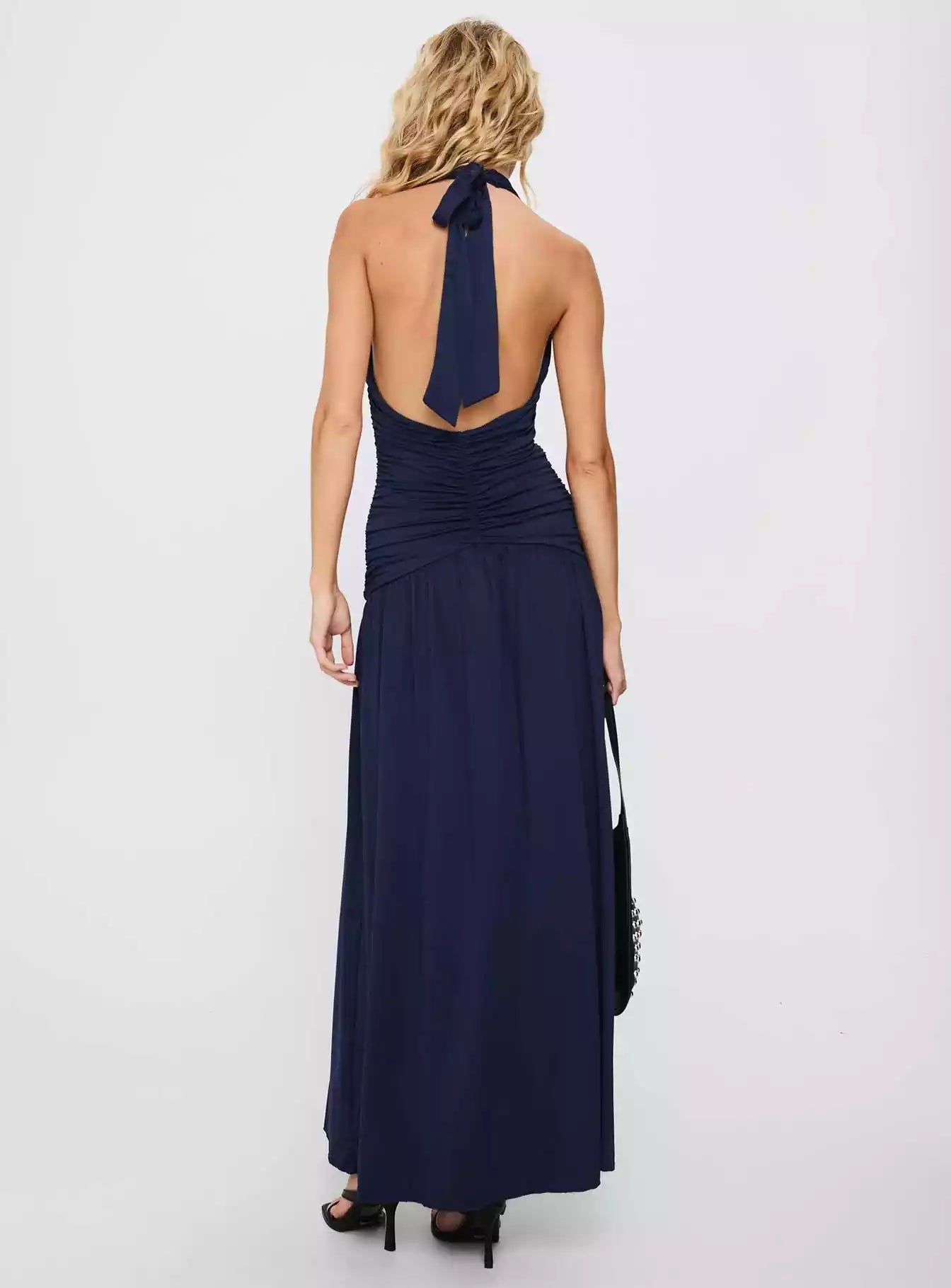 Unique pleated long style with deep V-neckline, pleated hem, high slit, adjustable hanging neck shoulder strap, low back Prom Dresses