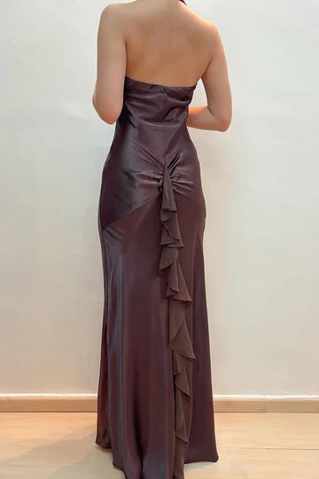 V-Neck Halter Sleeveless Satin Mermaid Party Evening Dress