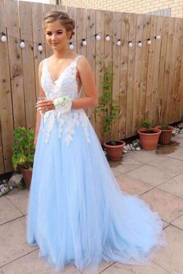 V-Neck Lace Applique Tulle A-Line Floor Length Backless Formal Prom Dress