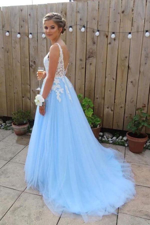 V-Neck Lace Applique Tulle A-Line Floor Length Backless Formal Prom Dress
