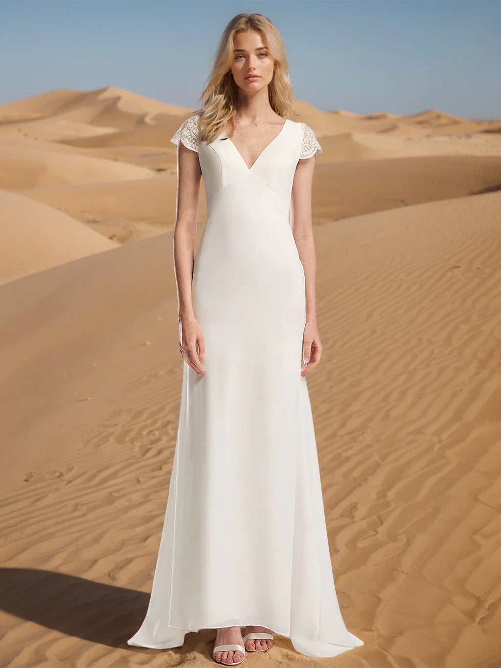 V-Neck Lace Cap-Sleeve Chiffon Wedding Dress with Open Back, Lace Trim & Chapel Train