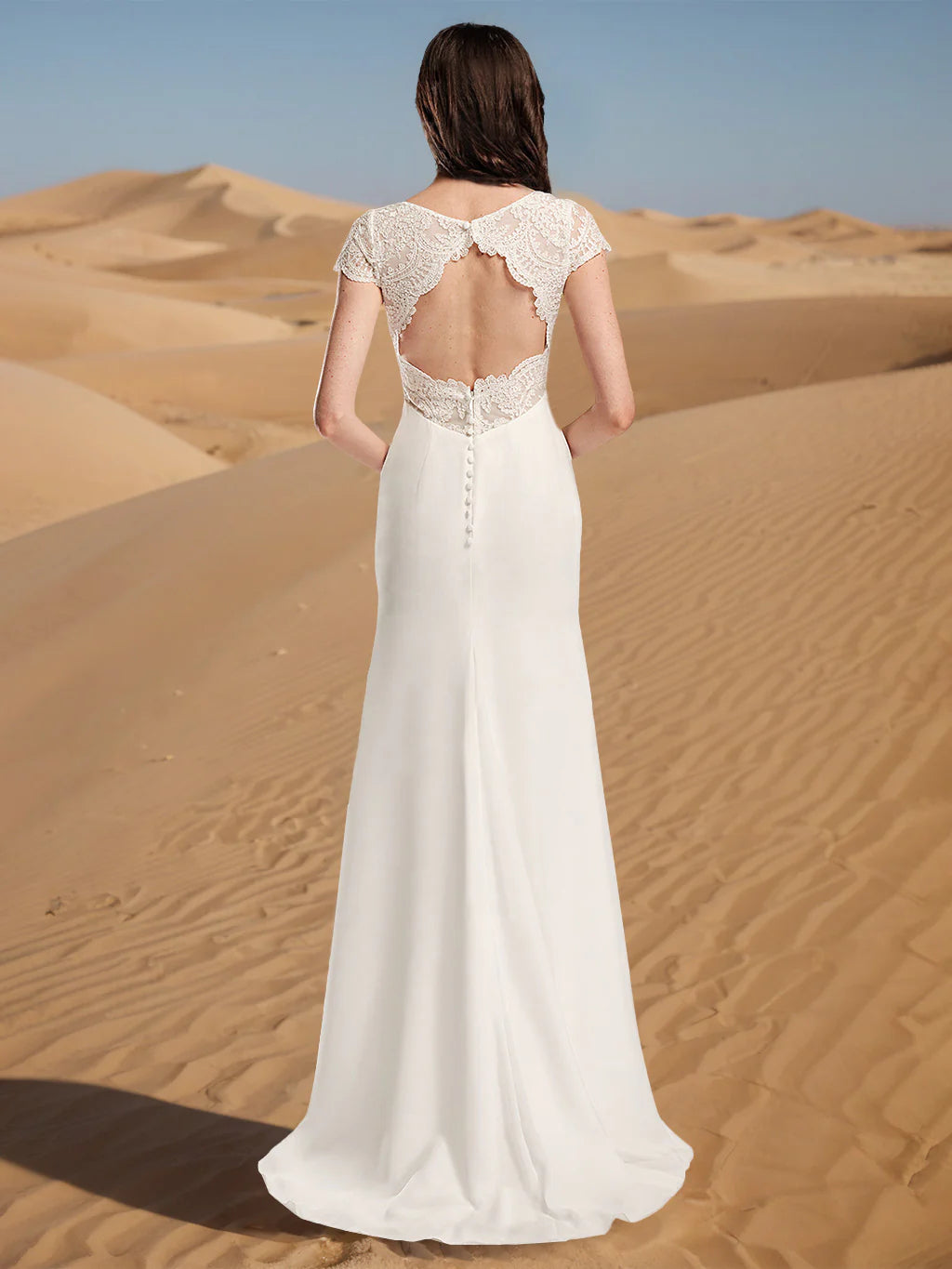 V-Neck Lace Cap-Sleeve Chiffon Wedding Dress with Open Back, Lace Trim & Chapel Train