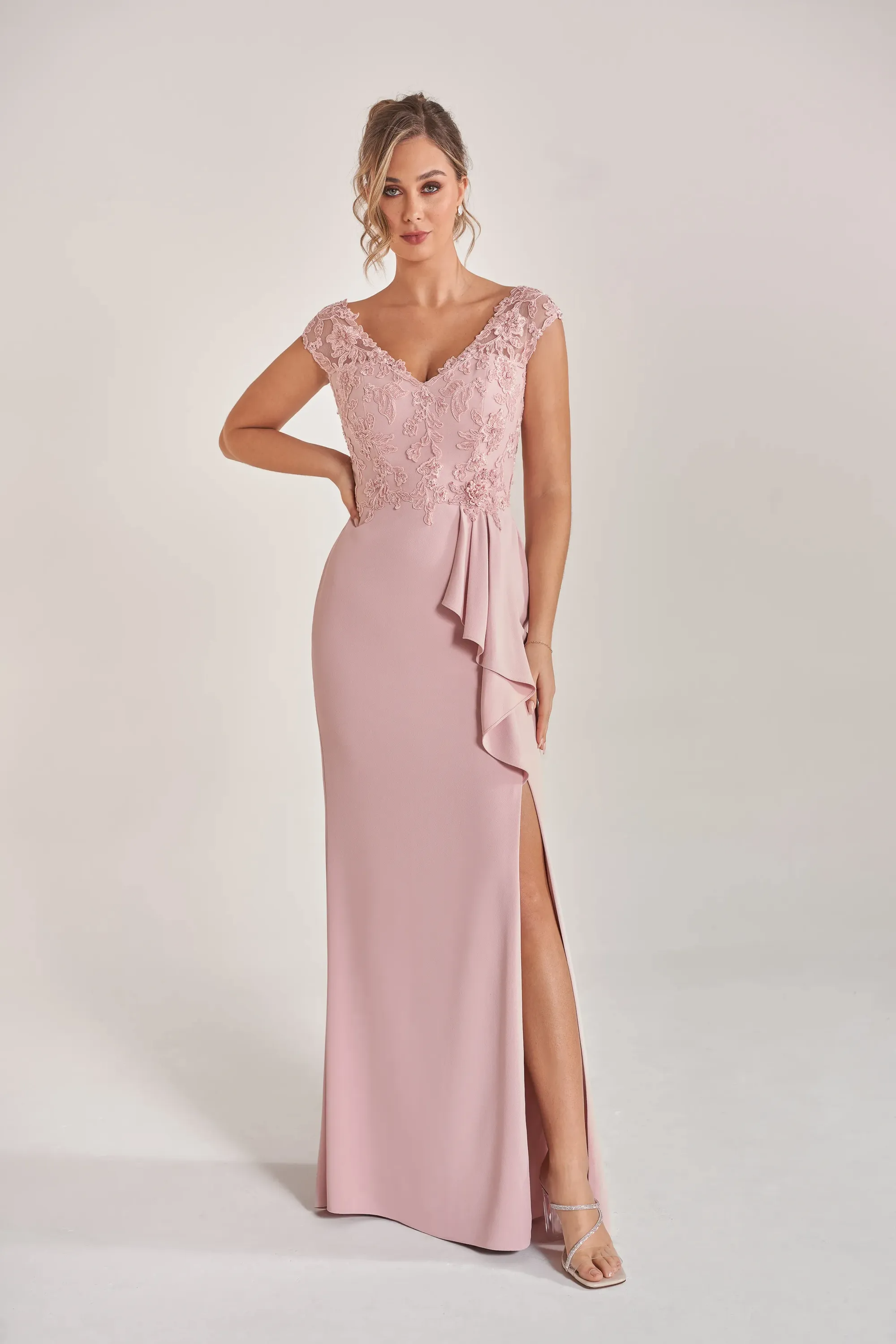 V-Neck Lace Cap Sleeve High Slit Crepe Mermaid Floor-Length Mother of the Bride Dresses