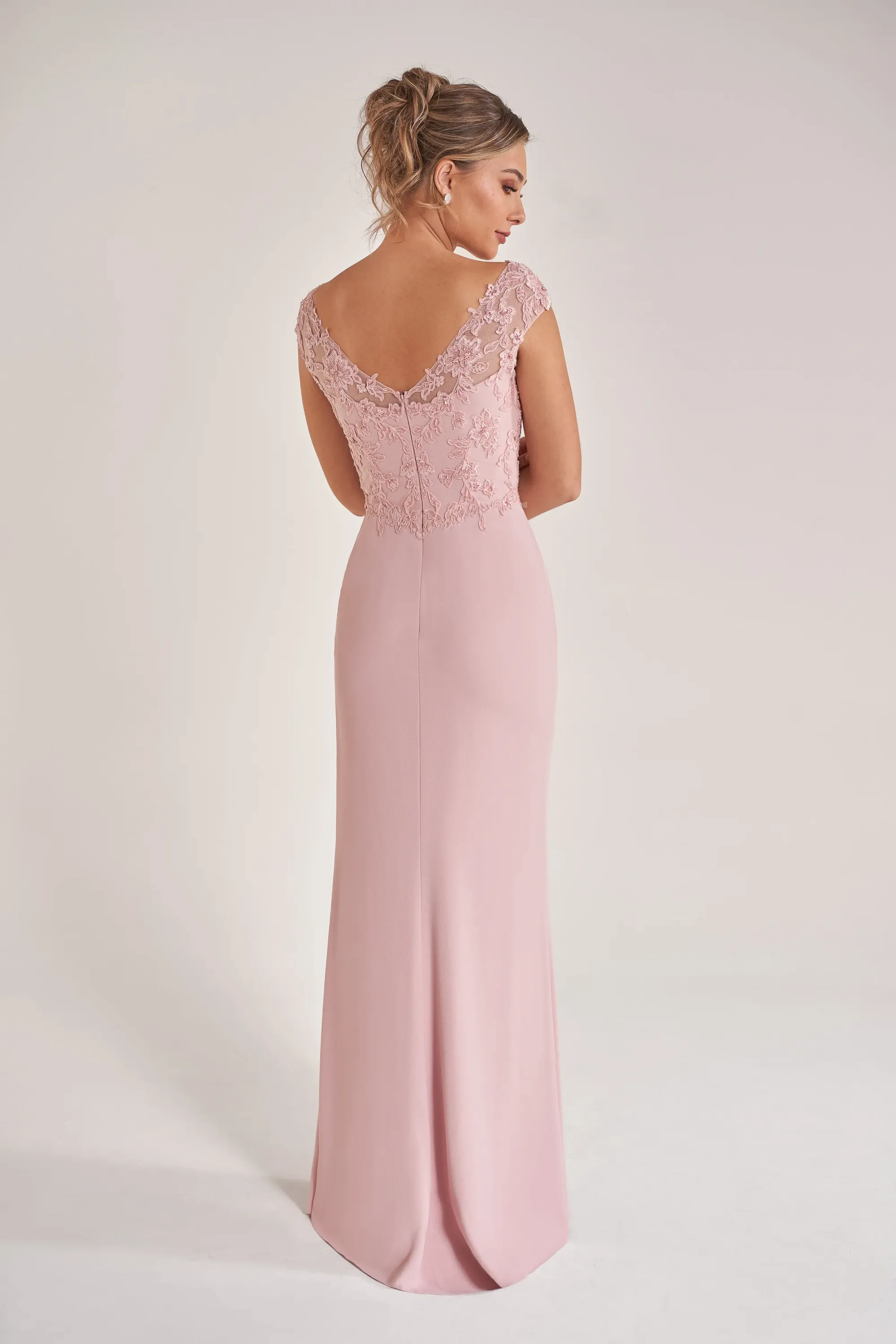 V-Neck Lace Cap Sleeve High Slit Crepe Mermaid Floor-Length Mother of the Bride Dresses
