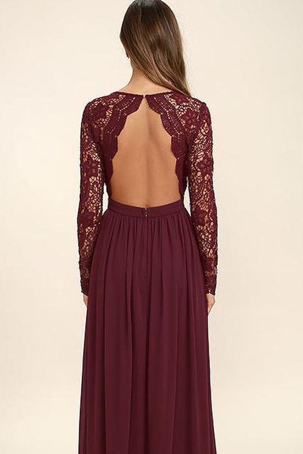V-neck Long Sleevs Dark Burgundy Full Of Charm Prom Dress