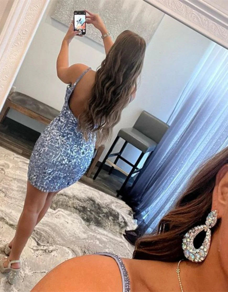 V-Neck Open Back Bodycon Glitter Unique Design Homecoming Dress
