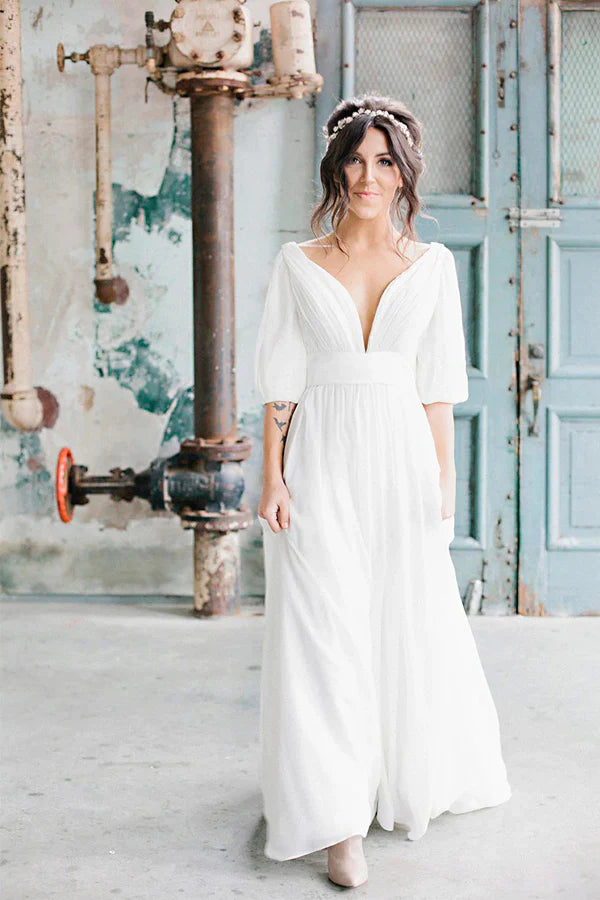 V-neck Half-sleeve Empire Simple Chiffon Casual Wedding Dress