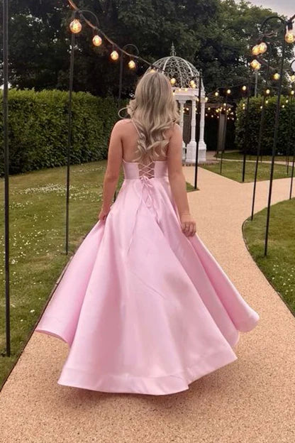 V-neck Pink High Waist A-line Long Unique Design Full Of Charm Prom Dresses