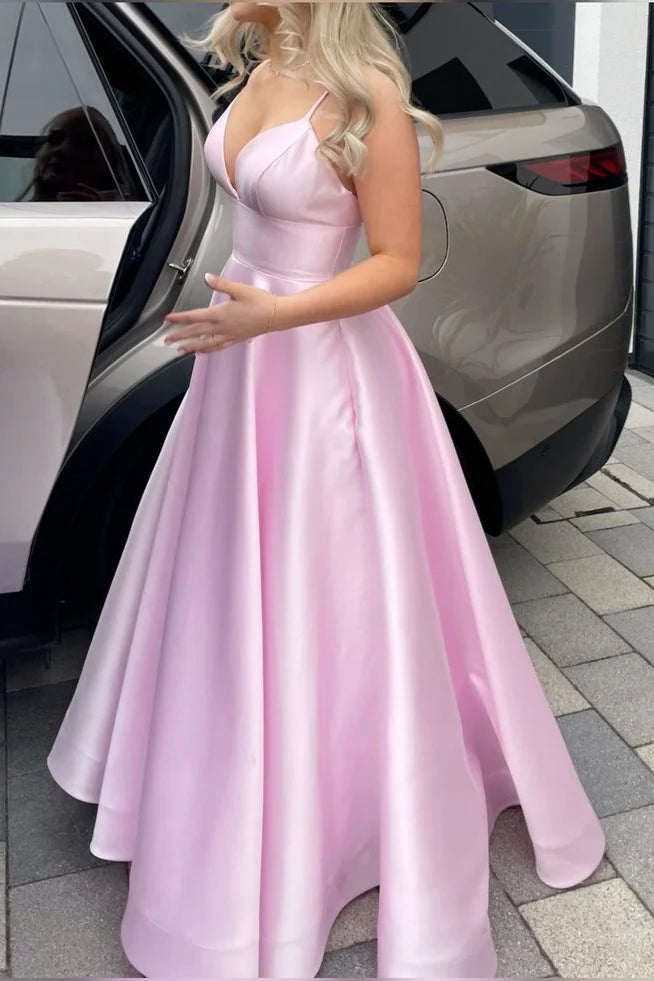 V-neck Pink High Waist A-line Long Unique Design Full Of Charm Prom Dresses