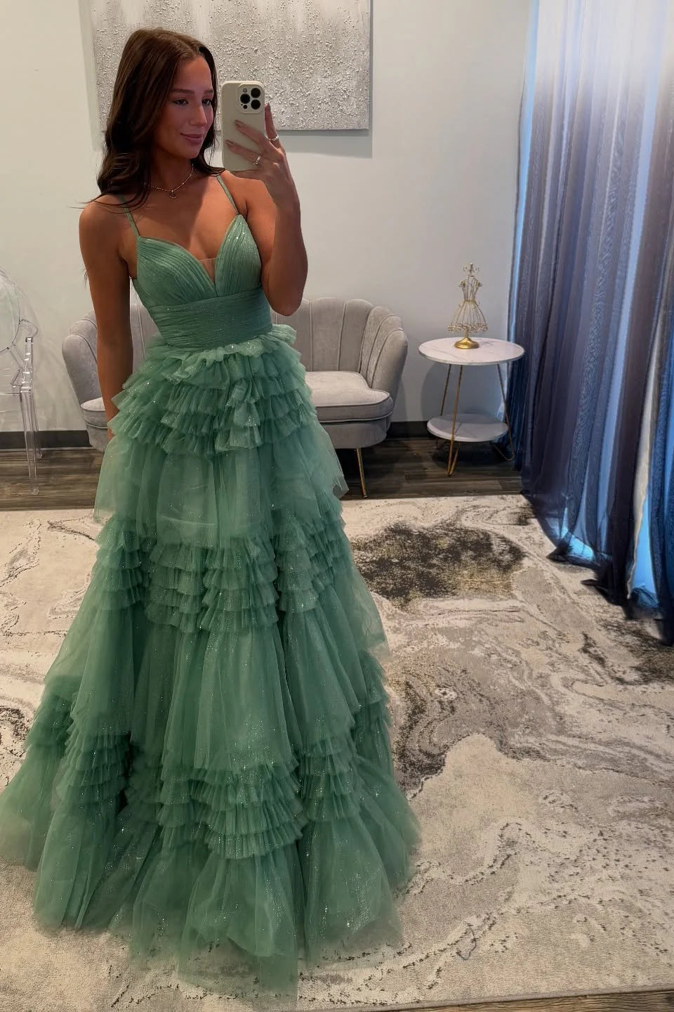 V-neck Sage Glitter Tulle Tiered Long Unique Design Full Of Charm Prom Dresses