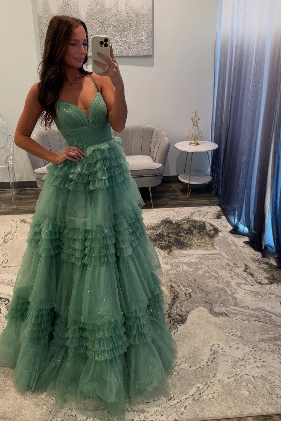 V-neck Sage Glitter Tulle Tiered Long Unique Design Full Of Charm Prom Dresses