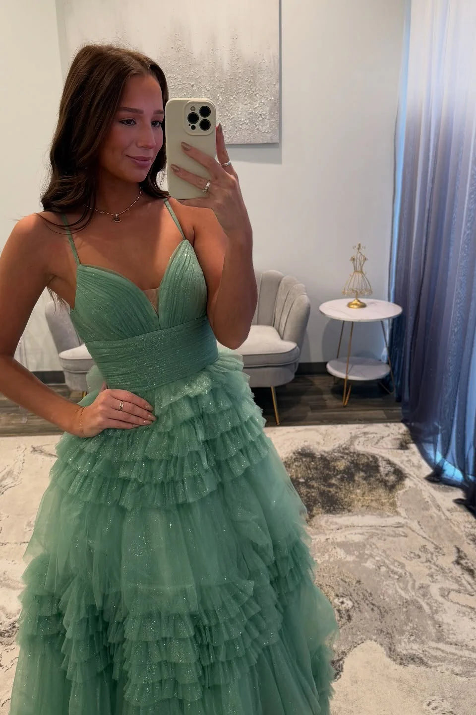 V-neck Sage Glitter Tulle Tiered Long Unique Design Full Of Charm Prom Dresses