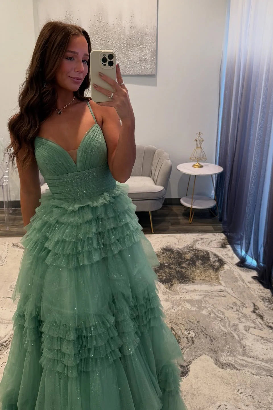 V-neck Sage Glitter Tulle Tiered Long Unique Design Full Of Charm Prom Dresses