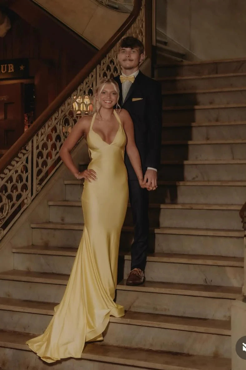 V-neck Yellow Back-Drape Mermaid Long Unique Design Full Of Charm Prom Dresses