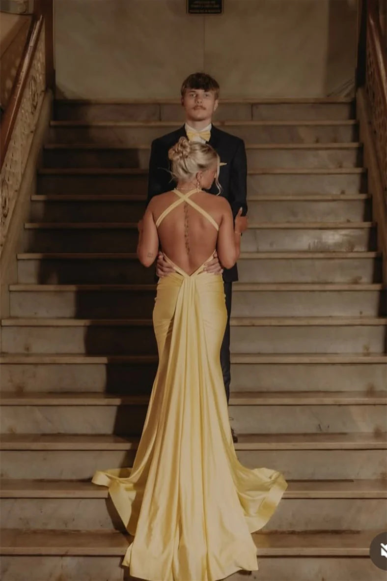 V-neck Yellow Back-Drape Mermaid Long Unique Design Full Of Charm Prom Dresses