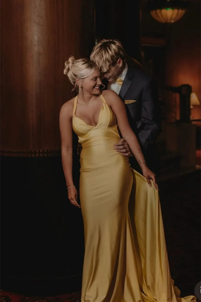 V-neck Yellow Back-Drape Mermaid Long Unique Design Full Of Charm Prom Dresses