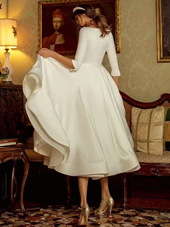 V Neck 3/4 Sleeve Satin Tea Length Wedding Dress A Line Flowy Short Bridal Gown